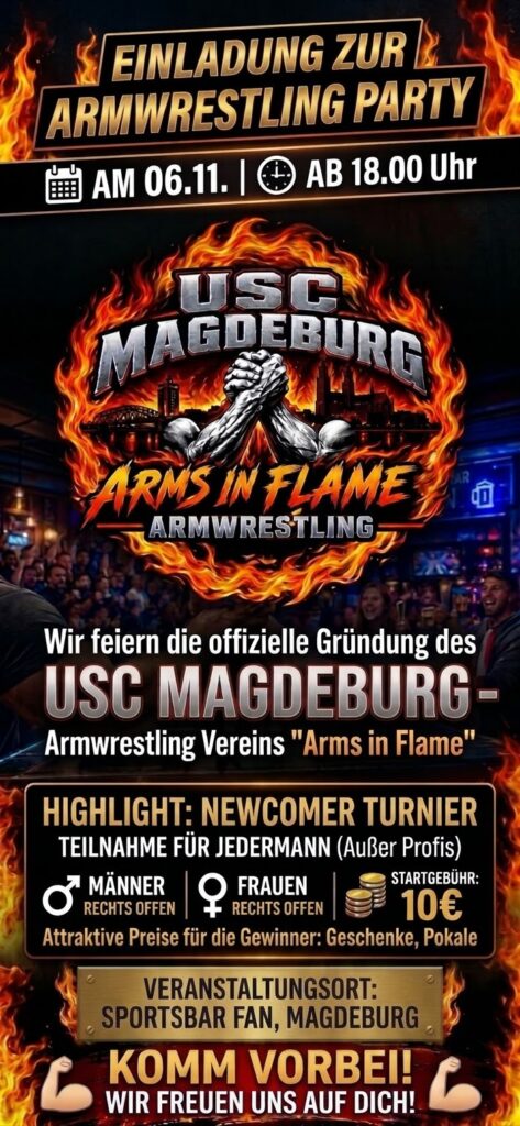 Einladung zur Armwrestling-Party des USC Magdeburg am 6. November ab 18 Uhr in der Sportsbar Fan, mit Newcomer-Turnier für Männer und Frauen, rechter Arm offen, Startgebühr 10 Euro