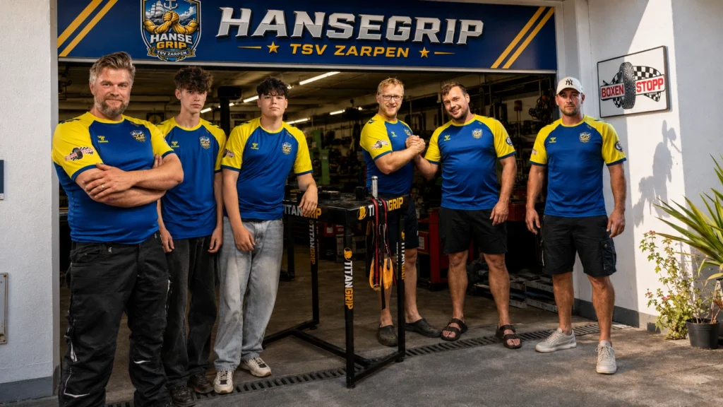 Sechs Armwrestler von HanseGrip in blau-gelben Trikots an einem Wettkampftisch
